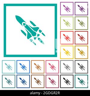 Space Shuttle mit Flach-Farbsymbolen von Trägerraketen mit Quadranten-Rahmen auf weißem Hintergrund Stock Vektor