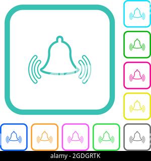 Klingelnde Glocke umreißen lebendige farbige flache Symbole in geschwungenen Rändern auf weißem Hintergrund Stock Vektor