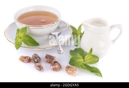 Tasse Tee, Kristallzucker und Milch, isoliert auf Weiß Stockfoto