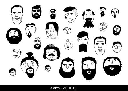 „Doodle Faces“ eingestellt. Handgezeichnete Umrisse von Personen auf weißem Hintergrund isoliert. Human Avatar Collection. Cartoon junge, alte Männer. Männliche Porträts. Anderes h Stock Vektor