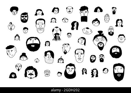 Doodle niedliche Gesichter gesetzt. Handgezeichnete Umrisse von Personen auf weißem Hintergrund isoliert. Human Avatar Collection. Cartoon junge, alte verschiedene Nationalitäten wom Stock Vektor