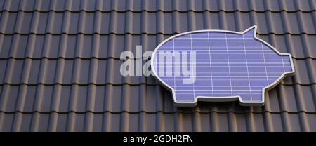3D Render: Ein Solarpanel in Form eines Sparschweines auf einem Dach. Konzept zum Sparen mit der eigenen Solaranlage. Webbanner-Format Stockfoto