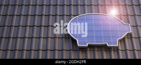 3D Render: Ein Solarpanel in Form eines Sparschweines auf einem Dach. Konzept zum Sparen mit der eigenen Solaranlage. Sonneneruptionen. Webbanner-Form Stockfoto