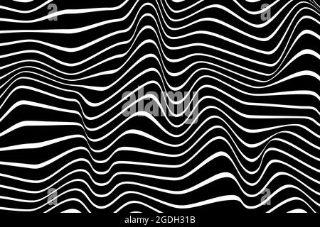 Gestreiftes Banner mit Op Art-Grafik. Schwarz-weiß verzerrte Linien Hintergrund. Monochromer Streifen-Bewegungseffekt. Optische Täuschung von flüssigen Formen, Falten. Futurist Stock Vektor