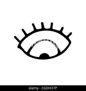 Handgezeichnetes schwarzes Umrissauge mit Wimpern isoliert auf weißem Hintergrund. Ein Symbol der Aufmerksamkeit, des Denkens, des Amulett-Interesses. Minimalistisches Zeichenbild. Tun Stock Vektor