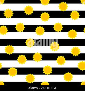 Nahtloses, sonnengestreiftes Muster. Niedliche gelbe Sonne auf weißem schwarzen Linie Hintergrund. Farbe Sonnenaufgang Sonnenuntergang Zeichen. Flaches Symbol für Sommer, Wärme, Urlaub, Reise Stock Vektor