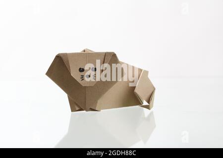 Origami lion papercraft von Recycling Papier in weißem Hintergrund Stockfoto