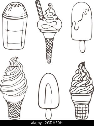 Skizzieren Vektor Illustration Satz von Doodle Eis Symbole isoliert auf weißem Hintergrund. Perfekt zum ausmalen für Kinder und Erwachsene. Schöne kleine Ikonen. Vektorgrafik Stock Vektor