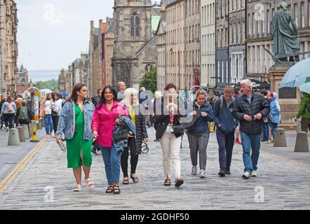 Royal Mile, Edinburgh, Schottland, Großbritannien. August 2021. Zu Beginn der zweiten Woche des Edinburgh Fringe Festivals duscht das Wetter und 18 Grad in der Hauptstadt. Quelle: Arch White/Alamy Live News. Stockfoto