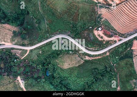Draufsicht auf kurvige Asphaltstraße auf einem Hügel im Wald auf dem Land Stockfoto