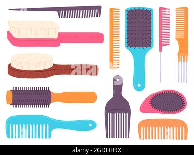 Cartoon-Haarbürsten und professioneller Kamm für das Styling von Haaren. Lockenbürste und Stylingbürste. Friseur, Stylisten und Schönheitssalon Werkzeuge Vektor-Set Stock Vektor
