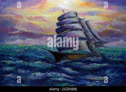 Professioneller Künstler handgemalt Original Meisterwerke Kunstmaler Ölmalerei Segelboot und Barque Brise im Meer, Junk Boot und Glückshandel Stockfoto