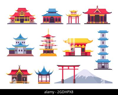 Flache japanische Gebäude, alte Pagode und kulturelles Wahrzeichen. Asiatischer Berg fuji. Chinesische Türme, Tempel und traditionelle Hausvektoren Stock Vektor