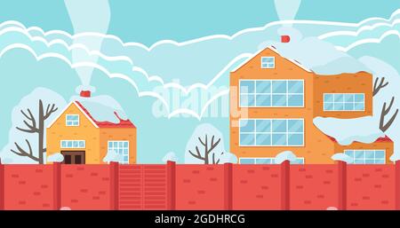 Helle Häuser mit geräuchertem Kamin hinter dem hohen Zaun Vektor-Illustration. Winterlandschaft im Dorf. Saisonales Landkonzept. Stock Vektor