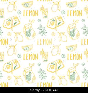 Wiederholter isolierter Hintergrunddruck für Stoff oder Tapete, Menü, Textil, Party. Vektor-Limonade-Muster. Nahtloses Muster mit Zitrone. Stock Vektor
