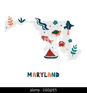 USA-Kartensammlung. Staatliche Symbole und Natur auf grauen Zustand Silhouette - Maryland. Cartoon-Stil für den Druck Stock Vektor