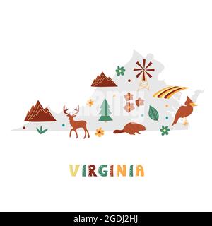 USA-Kartensammlung. Staatliche Symbole und Natur auf grauen Zustand Silhouette - Virginia. Cartoon-Stil für den Druck Stock Vektor