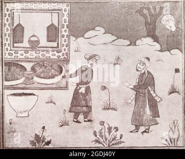 Lebensmittelgeschäft im Osten. Miniatur der Heratschule von 1606. Stockfoto