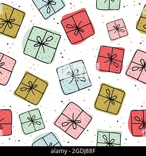 Geschenkboxen Vektor-Muster nahtlos. Hintergrund mit Geschenkboxen mit Schleifen. Illustration für Grußkarten, Geschenkpapier, Einladungen, Poster. Niedlich Stock Vektor