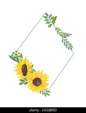 Sonnenblume und Blätter Rhombus Rahmen, florale Komposition Aquarell Illustration, landwirtschaftliche Pflanze Sommer Bouquet, Arrangement für Danksageung, Grußkarte, Boho Dekor, Hochzeit Einladung Vorlage Stockfoto