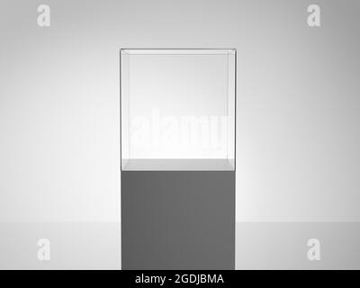 Vitrine mit Glassockel. Graue Produktanzeige. Metallic. 3d-Illustration. Stockfoto