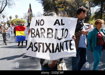 Cochabamba, Bolivien. August 2021. „Schluss mit dem erstickenden Mund-zu-Nase-Deckel“, liest sich ein Plakat eines Demonstranten während einer Kundgebung, die inmitten der Corona-Pandemie unter dem Motto „nationaler Protest für Freiheit, gegen Mund-zu-Nase-Abdeckung und gegen Impfungen“ stattfand. Während über die obligatorische Impfung gegen Corona heftig diskutiert wird, fordern Anti-Impfaktivisten im ganzen Land Proteste gegen angebliche Forschungsversuche von Pharmaunternehmen. Quelle: David Flores/dpa/Alamy Live News Stockfoto