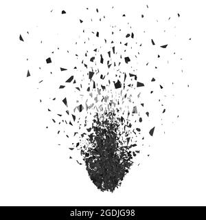 Explosion Wolke von schwarzen Stücken auf grauem Hintergrund. Scharfe Partikel fliegen zufällig in die Luft. Große Explosion. Stock Vektor