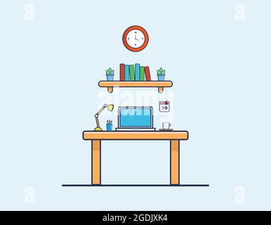 Einfacher Schreibtisch mit Laptop, Kaffeetasse, Lampe und Schreibwaren, Uhr, Büchern und Pflanzen über dem Schreibtisch. Flacher Schreibtisch, einfacher Schreibtisch des Stock Vektor