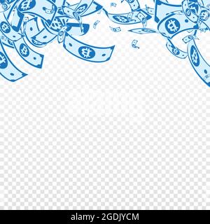 Bitcoin, Internet-Währungsscheine fallen. Unordentliche BTC-Rechnungen auf transparentem Hintergrund. Kryptowährung, digitales Geld. Tatsächliche Vektordarstellung. Immacu Stock Vektor