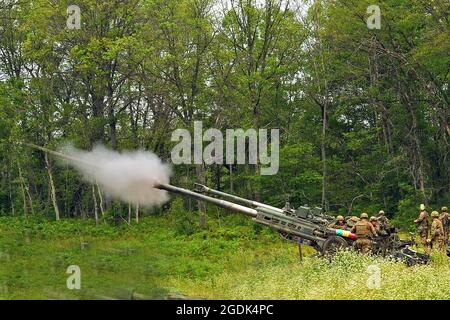 Soldaten mit Charlie Battery, 1. Bataillon, 119. Field Artillery Regiment, Michigan Army National Guard, mit Sitz in Albion, Michigan, feuern ihre M777-Haubitze während des Northern Strike 21-2 im Camp Greyling Joint Maneuver Training Center, Greyling, Michigan, 9. August 2021. Northern Strike maximiert die Kampfbereitschaft durch anpassungsfähige, kosteneffektive Schulungen, die von individualisierten taktischen Fähigkeiten bis hin zu gleichrangigen Bedrohungen und kombinierten Rüstungsumgebungen reichen, die auf die Integration von Joint und Coalition Force und die Konvergenz von Domänen ausgerichtet sind. (USA Foto der Air National Guard von Meister Sgt. David Kuj Stockfoto