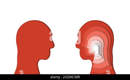 Zwei menschliche Kopf von Angesicht zu Angesicht; Psychologe und Multi-Layer-Kopf eines Patienten. Psychotherapie und Psychologie Beratung Konzept Idee Stockfoto