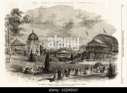 Der Pavillon der Kaiserin und das große Konservatorium im Reservierten Garten, Paris Exposition Universelle, 1867. Mit Karussells, bayerischem Pavillon, Gewächshaus, See usw. Le Pavilion de l'Imperatrice et la grande Serre au Jardin Reserve. Holzschnitt aus der Beilage zu den Illustrated London News, London, 8. Juni 1867. Stockfoto