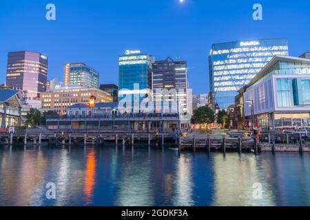 Wellington Neuseeland   Juli 28 2021;Skyline von Wellington bei Nacht vom Kai mit Stadtlichtern, Schildern und Reflexionen auf dem Abrour. Stockfoto