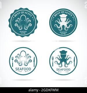 Set von Vektor-Oktopus-Seafood-Etiketten auf weißem Hintergrund. Tierlogo. Leicht editierbare Vektorgrafik mit Ebenen. Wilde Tiere. Stock Vektor