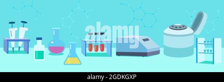 Banner zum Thema Molekularbiologie und Biotechnologie, Laborgeräte und Instrumente für wissenschaftliche Forschung und Experimente. Stock Vektor