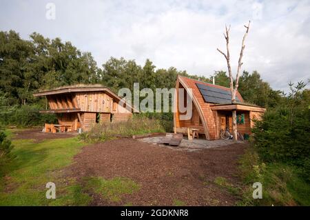 Holzbungalows in De Wije Werelt Camping, Otterlo, Gelderland, Niederlande Stockfoto