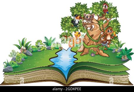 Offenes Buch mit Tieren Karikatur auf den Bäumen Stock Vektor