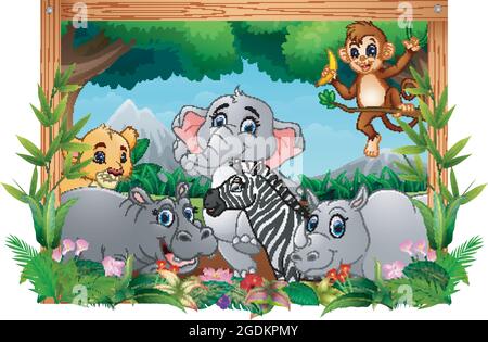 Illustration von glücklichen Tieren im quadratischen Rahmen Stock Vektor