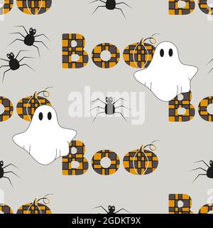 Nahtloses Muster mit der Aufschrift BOO, Spinnen und Geister für Halloween. Halloween Hintergrund. BOO-Schriftzug mit Kürbis, Geistern und Spinnen Stock Vektor
