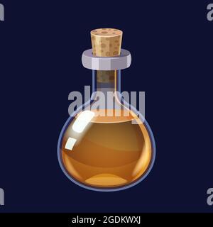 Flasche mit flüssigem orangefarbenem Zaubertrank-Elixier-Spielsymbol GUI. Vektordarstellung für die Benutzeroberfläche von App-Spielen Stock Vektor