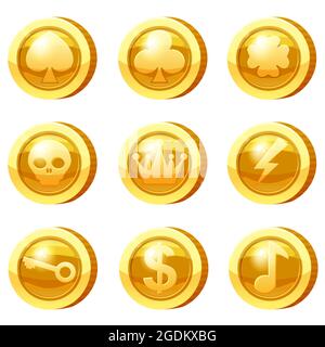 Set von goldenen Münzen für Spiel-Apps. Gold Symbole, Herz, Krone, Symbole Spiel UI, Glücksspiel. Vektorgrafik Stock Vektor