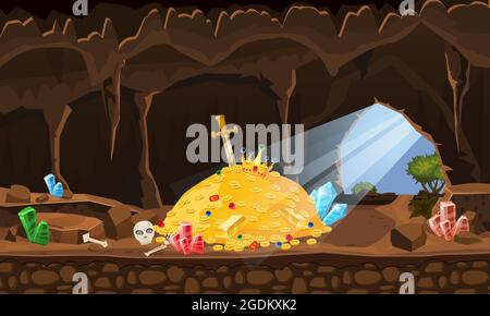 Schatzhöhle, Goldhaufen, Münzen, Edelsteine, Krone, Schwert, Kristalle. Konzeptkunst für Spiele, Apps. Hintergrund Cartoon-Stil Stock Vektor