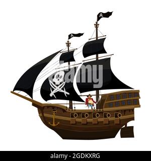Piratenschiff unter schwarzem Segel, altes hölzernes Segelboot mit Kapitän. Buccaneer Filibuster corsair mit Totenkopf mit schwarzer Flagge, Jolly Rodger. Vektorgrafik Stock Vektor