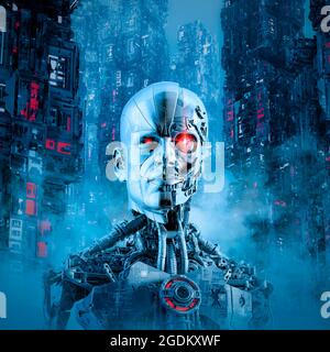 Cyborg man Human Face Mask - 3D-Illustration von Science-Fiction männlichen humanoiden Roboter mit leuchtenden Augen in futuristischen neonbeleuchteten Nacht Cyberpunk Stadt Stockfoto