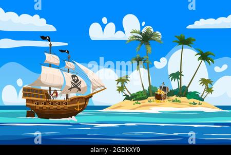 Piratenschiff Marine bewaffnet n Ozean, Tropical Island, Schatz Cheast, tropisch, Palmen. Meereslandschaft Küste, Strand, Sand, Abenteuer, Spiel. Vektor Stock Vektor