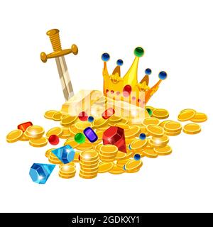 Set von Goldmünzen, Krone, Edelsteine, Schwert, Jevels, Diamanten. Uralte Fantasie Haufen Gold Luxus. Vektor Cartoon-Stil für Spiele Apps Illustration Stock Vektor