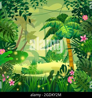 Dschungel tropischer Wald Palmen verschiedene exotische Pflanzen Blätter, Blumen, Lianen, Flora, Regenwald Landschaft Hintergrund. Für Design-Spiele, Apps, Banner Stock Vektor