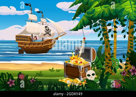 Tropical Island Piratenschiff unter Segel im Ozean, Schatz Cheast, tropisch, Palmen. Meereslandschaft Küste, Strand, Sand, Abenteuer, Spiel. Vektor Stock Vektor