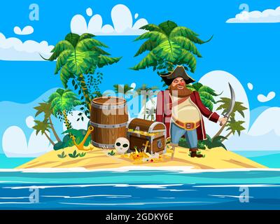 Treasure Tropical Island, einbeiniger Pirat, uralte Piratenschatzkiste, Fass, Möwe, exotische Pflanzen, Palmen, Meer, Meer, Wolken. Meereslandschaft Stock Vektor