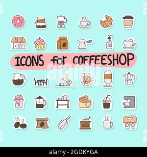 Icon Set von Kaffee Aufkleber Abzeichen Scrapbooking Elemente bunte Hand gezeichnet isoliert auf blauem Hintergrund. Stock Vektor
